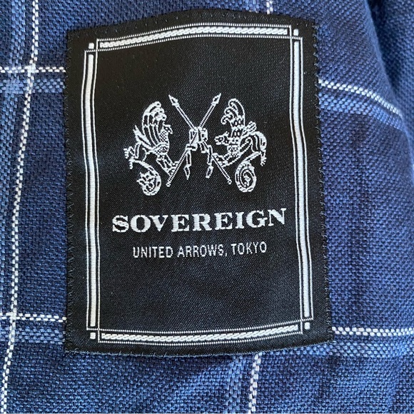 UNITED ARROWS SOVEREIGN men’s navy windowpane linen jacket, JP size 44 (US 34S) - Picture 12 of 13